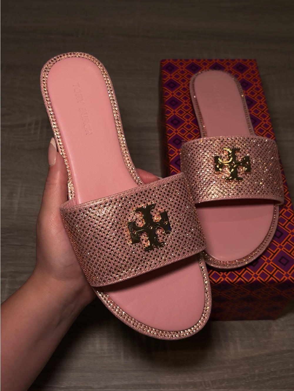 Tory Burch Rose Pink Crystal Logo Slide Sandals